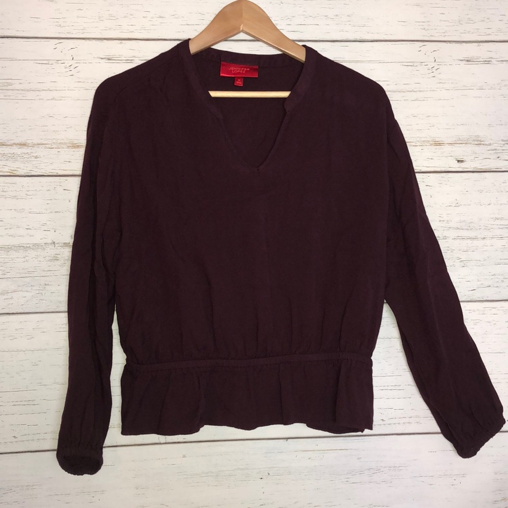 Jennifer Lopez Burgundy Peasant V Neck Top - Medium